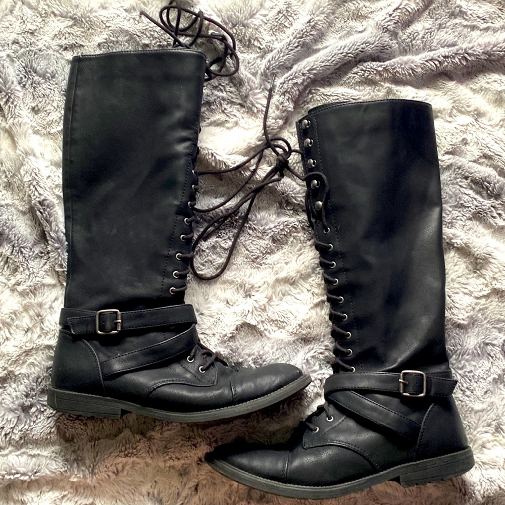 Vegan Leather knee high boots.